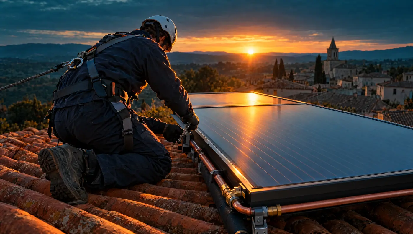 Installateur sécurisé par un harnais qui fixe un capteur solaire thermique sur une toiture au lever du soleil