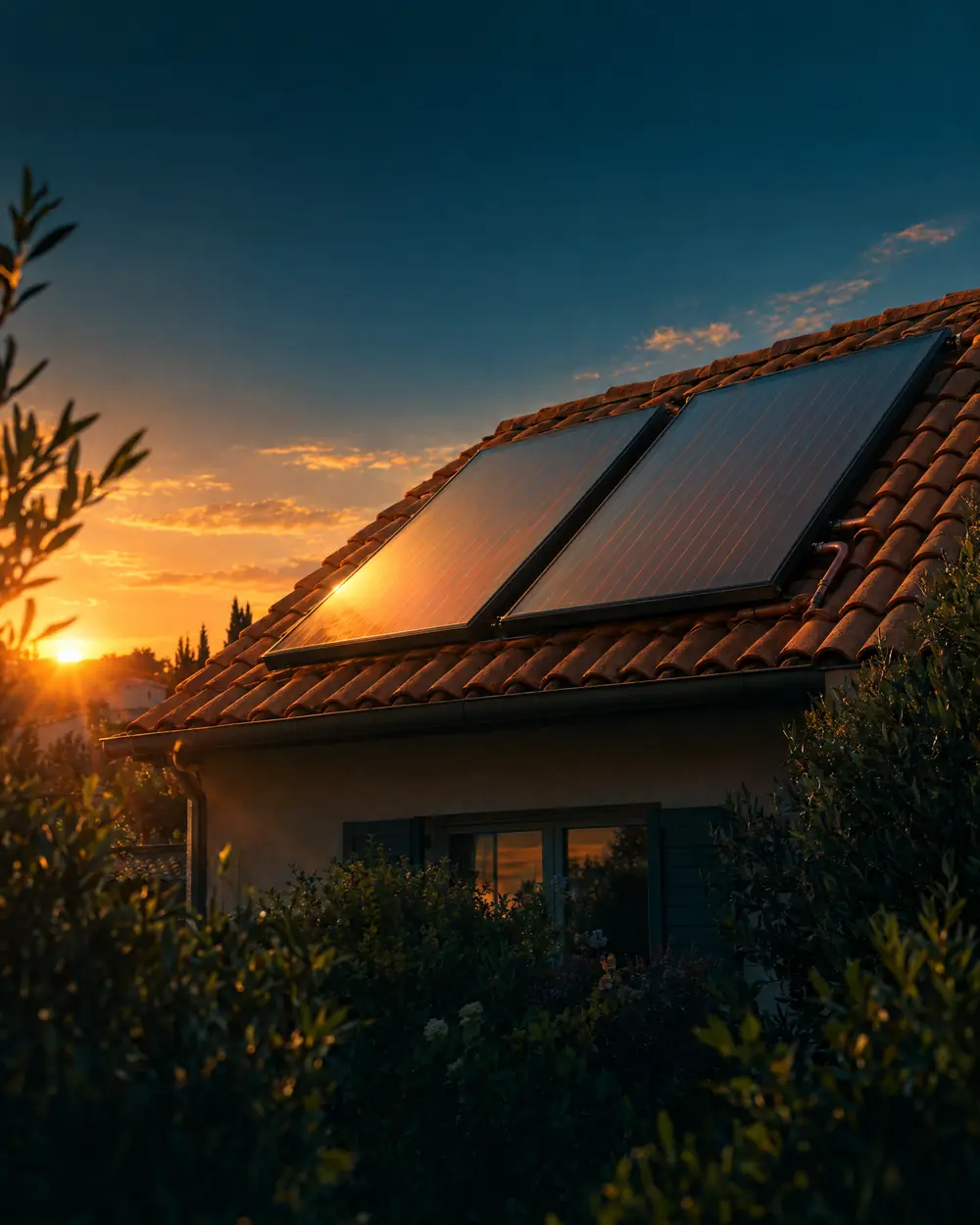 Maison équipée de deux capteurs solaires thermiques sur sa toiture en tuiles, au coucher du soleil